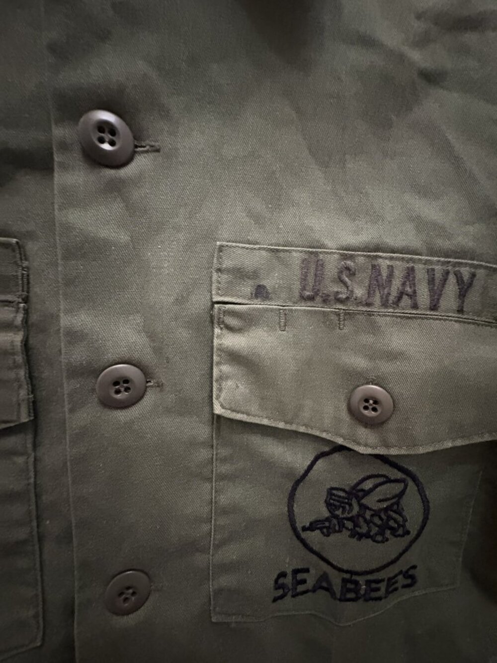 Vintage Seabees OG 107 Button Up Shirt Short Sleev U.S. Navy Green 1970s